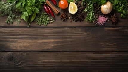 Wall Mural - Herbs and spices on wooden surface viewed from above with space for text
