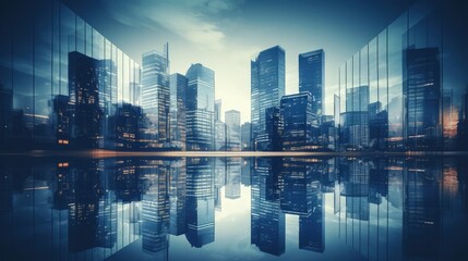 Poster - Luxurious highrise city buildings double exposed blue toned for business and finance backdrop