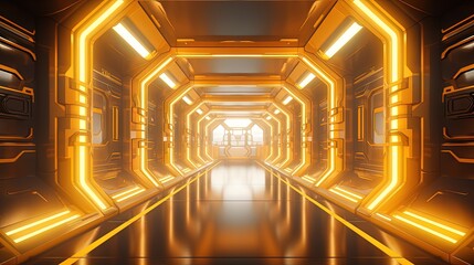 Aufkleber - Yellow neon spaceship corridor rendered in 3D for advertising showroom technology future modern sport game metaverse purposes Sci Fi product illustration