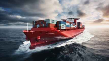 Poster - Container cargo ship sailing quickly over cloudy ocean in front view