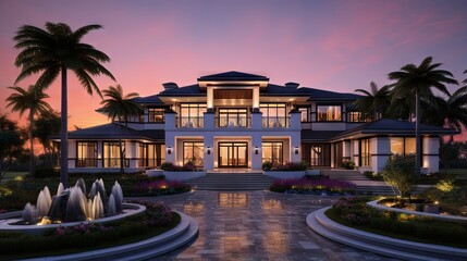 Poster - Luxurious house with wide driveway and vibrant sunset backdrop