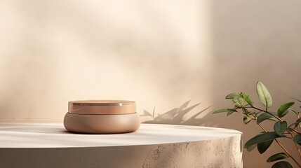 Poster - Neutral colored surface with curved counter textured podium soft sunlight and shadow rock for cosmetic background