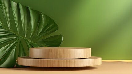 Poster - 3D wooden podium with leaf shadow green background cosmetic promotion mockup natural wood step pedestal trendy minimalist art deco illustration