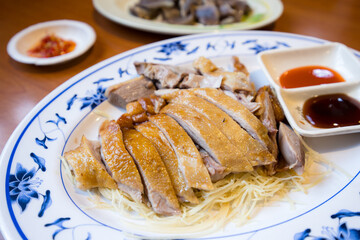 Poster - Slice of goose meat in plate at restaurant