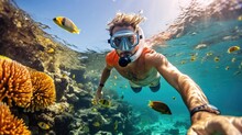 Male Is Snorkeling In The Beautiful Sea In Clear Water