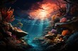 Underwater scene with coral reef, fishes and sunlight. Generative AI.