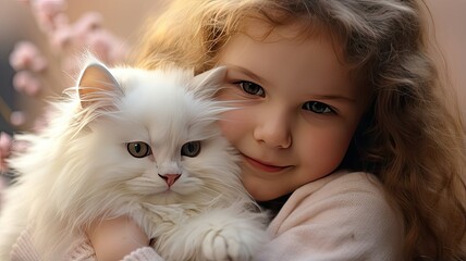 Wall Mural - a small, adorable child tenderly embracing a fluffy cat. Their genuine smiles radiate happiness and love in this touching moment of pure innocence.