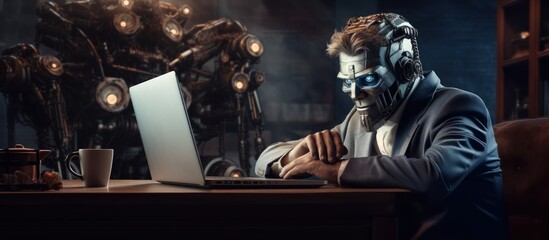 Poster - Robot working at a table with a laptop with copyspace for text