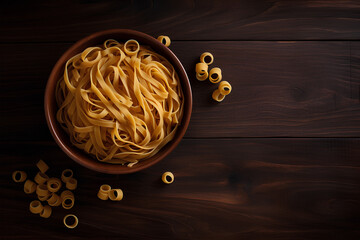 Wall Mural - Raw pasta on dark wooden background