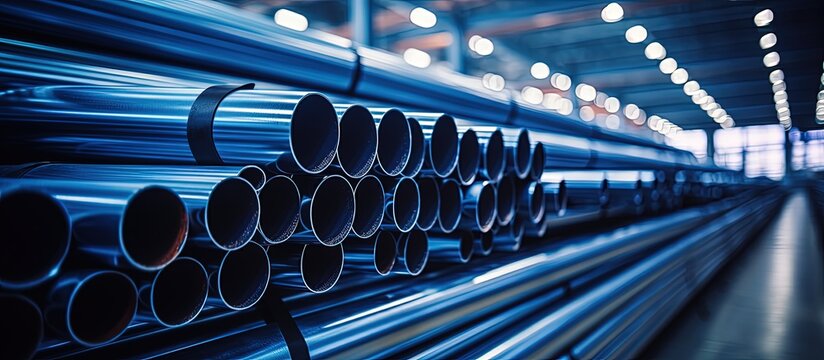 Industry material group consisting of steel pipes used in engineering construction and as factory equipment in industrial metal warehouses with copyspace for text