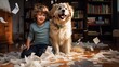 A captivating photograph captures a young boy playing with a dog amidst a backdrop of scattered paper inside a house, evoking strong emotional impact.