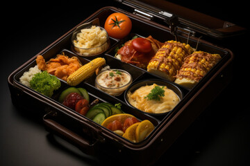 Open lunchbox closeup with food, homemade healthy food for lunch at school, work or picnic