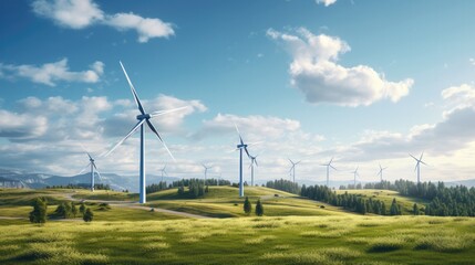 Wall Mural - Wind turbine farm generating electricity clean energy on field grass with blue sky. Green energy.