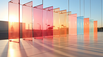 row of colorful glass blocks on a tiled floor, creating a modern and sleek design, outdoor design, original corridor, fabulous play of light