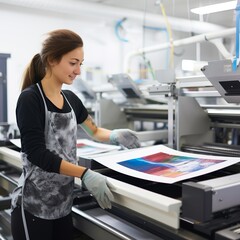 Woman employee of printing house works on a modern printer