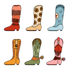 Set of retro cowgirl boots with traditional pattern, fringe, spur. Colorful Vector boots with hand drawn outline in cowboy and western style. Simple funny shoes of Wild West with ornament.