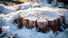 Close Up Of A Frozen Tree Stump Surrounded By Frost. Natural Winter Background