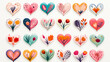 Set of color hearts with flowers, illustration. Collection of colorful hearts on white background, for design. Concept Valentine's day, Love symbol.