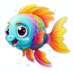 Wall Mural - A colorful fish with big eyes on a white background. Digital art. Cute rainbow sticker.