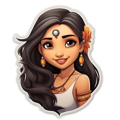 A cartoon avatar of an indian woman with long black hair. Digital art.