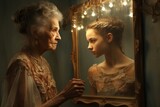 Fototapeta  - Photo of an elderly woman reflecting on her own reflection as a young girl in a vintage mirror - created with Generative AI technology