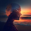 the picture shows a meditating woman from the side beach sunset intricate detailled 8k photography v4 