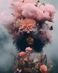 A beautiful woman is captured in a stunning portrait outdoors during the fall season, her head adorned with a colorful bouquet of autumn flowers, flowers smoke air explosion with copy space