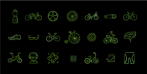 Aufkleber - Bicycle time. Types of bicycles, tools and spare parts. Icons set for your design
