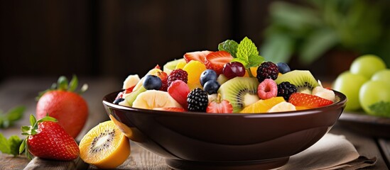 Wall Mural - Healthy breakfast with a fresh mix of fruit salad on a wooden table promoting weight loss with copyspace for text