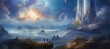 fantasy art poster looking at space, in the style of vivid landscapes, lucid developments of his subjects, whimsical skyline