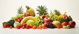 Fototapeta  - Healthy produce arranged as a natural still life tomatoes zucchini melons bananas and grapes with copyspace for text