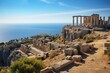 Lindos Acropolis ruins, Rhodes island view. Ancient Greek architecture. Generative AI