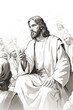 A black and white drawing of jesus talking to a group of people. Imaginary illustration.