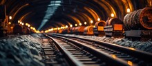 Selective Focus On Underground Railway Tunnel With Rails For Running And Conductors With Copyspace For Text