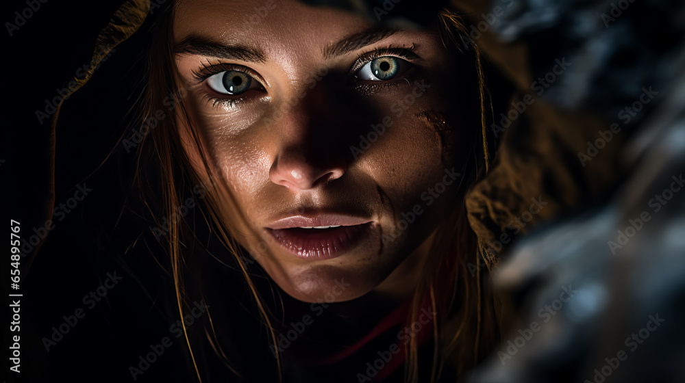 a daring woman exploring the depths of a dark cave, her headlamp ...