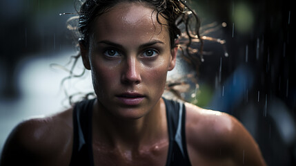 Wall Mural - a woman competes in a triathlon, her face determined and resilient as she transitions from swimming to biking, and finally to running, embodying the spirit of endurance.