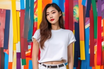 Wall Mural - Blank white t-shirt, beautiful asian woman model wearing t-shirt at colorful background