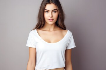 Wall Mural - Blank white t-shirt, beautiful woman model wearing t-shirt at gray background