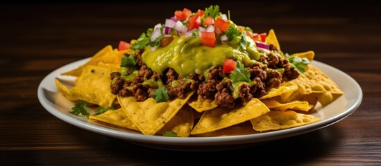 Sticker - Nachos made with yellow corn chips ground beef guacamole melted cheese peppers and cilantro on a wooden table with copyspace for text