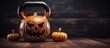 Leinwandbild Motiv Kettlebell with Halloween pumpkins on wooden background promotes fitness and autumn vibes with copyspace for text