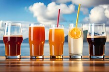 Pouring Drinks Into Glasses Photo Collection: Soft Drink Can, Beer, Wine, Water, Orange Juice And Milk 