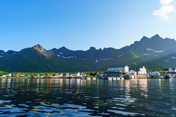 Wall Mural - Fishing base in village Mefjordvaer, island Senja, Norway, Mefjord Brygge. Fishing village in summer day