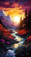 Sticker - Image of river running through forest at sunset.