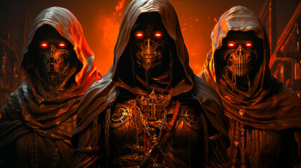 Sticker - Three men in hooded robes with glowing eyes.