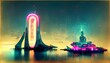 floating island neon cyberpunk architecture corona rendering 2k glowing hyper detailing 