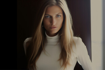 Poster - Close-up portrait of a very beautiful young woman with green eyes and long blonde hair, wearing a white sweater top - copy space, isolated, dark (black) background