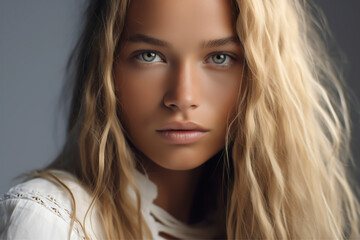 Poster - Close-up portrait of a very beautiful young woman with green eyes and long blonde hair, wearing a white top - isolated, blue background
