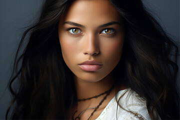Poster - Close-up portrait of a very beautiful young woman with brown eyes, and long dark brown hair, wearing a white top - copy space, isolated, blue background