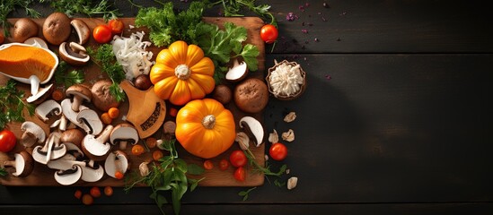 Wall Mural - Top view of rustic cutting board with chopped pumpkin mushrooms and vegetables for delicious vegetarian cooking styled dark with copyspace for text
