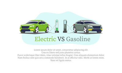 Electric car usage and green electricity energy consumption outline concept. Motor type with plug in socket as environmental and nature friendly power alternative to fuel vehicles vector illustration.